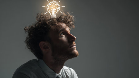Young man with light bulb instead of his head. Idea concept.の素材