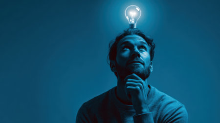 Half-length portrait of a person with a hand on chin, glowing bulb and floating pop-up image above head representing innovation, simple lighting, no textの素材