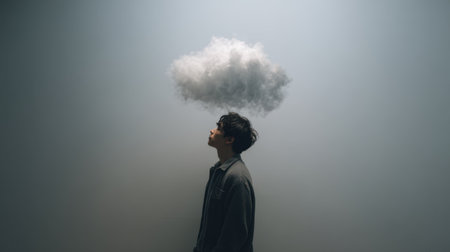 Young man with a cloud in his head. Foggy background.の素材