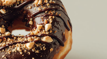 A chocolate donut topped with crushed nuts and a drizzle of dark chocolate, macro shot emphasizing the rich texture, clean minimal background, no text, no logoの素材