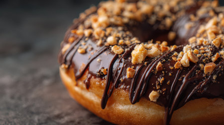 A chocolate donut topped with crushed nuts and a drizzle of dark chocolate, macro shot emphasizing the rich texture, clean minimal background, no text, no logoの素材