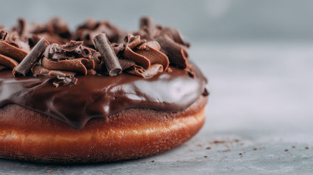 Chocolate donut with chocolate glaze on grey background, closeupの素材