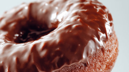 A close-up of a freshly glazed chocolate donut with glossy icing that shines under soft light, showing rich texture and mouthwatering appeal, clean white background, no text, no logoの素材