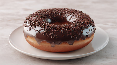 Donut with chocolate glaze on a white plate on a light backgroundの素材