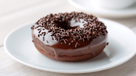 A perfectly round chocolate donut covered in glossy icing and chocolate sprinkles, placed on a smooth white ceramic plate, minimal clean setup, no text, no logoの素材