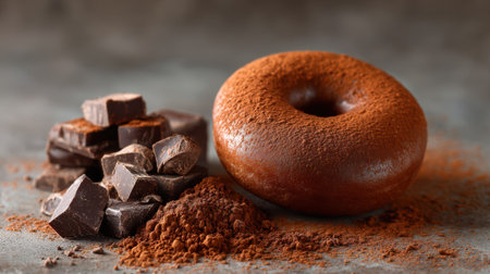 A freshly made chocolate donut resting beside cocoa powder and chocolate chunks, natural warm light, simple clean surface, no text, no logoの素材