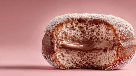 Chocolate bundt cake with icing sugar on a pink background.の素材