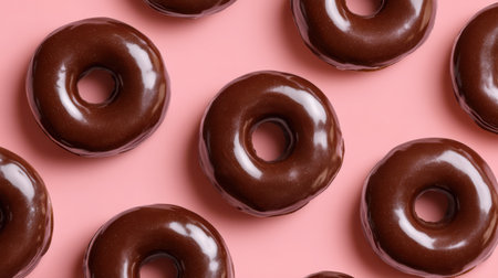Chocolate donuts arranged in a minimalist flat lay composition, perfect round shapes, shiny icing, bright clean background, no text, no logoの素材
