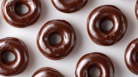 Seamless pattern of chocolate glazed donuts on white backgroundの素材