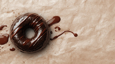 A single chocolate donut on parchment paper with a drizzle of melted chocolate next to it, rich detail, clean and minimal setting, no text, no logoの素材