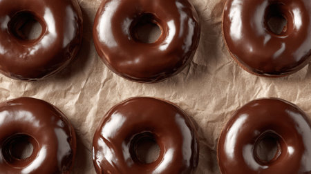 Chocolate glazed donuts on baking paper background, top viewの素材