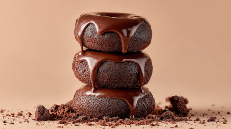 A stack of three chocolate donuts dripping with thick chocolate glaze, crumbs scattered around, perfectly lit on a neutral beige surface, clean and minimal composition, no text, no logoの素材