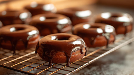 Chocolate donuts with glaze on cooling rack. Selective focus.の素材