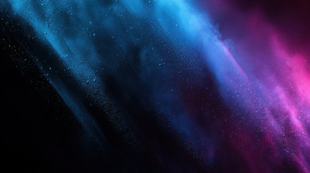 Futuristic dark gradient background with glowing purple and blue tones, textured with cinematic black grainの素材
