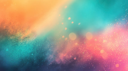 Artistic abstract summer background with vivid turquoise, orange, and pink gradients blending like light flares, enhanced by film grainの素材