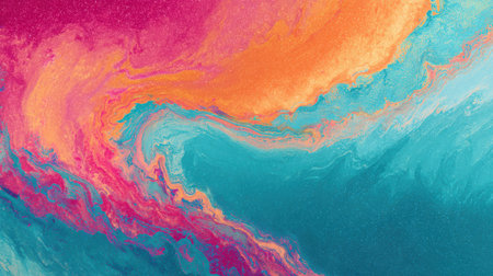 Abstract vibrant gradient with turquoise, orange, and pink hues mixed in fluid motion and grainy noise texture for energetic summer visualsの素材