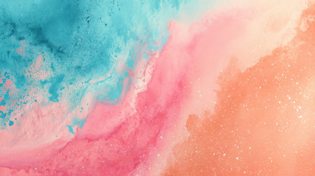 Abstract summer-themed backdrop featuring fluid turquoise, coral orange, and pastel pink hues with grainy film texture and artistic gradient blendingの素材