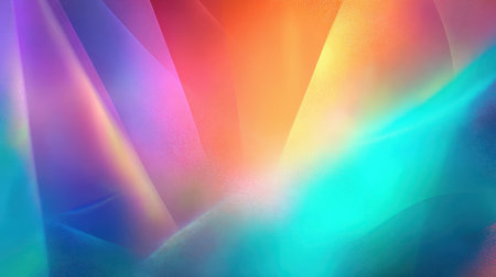 Artistic abstract summer background with vivid turquoise, orange, and pink gradients blending like light flares, enhanced by film grainの素材