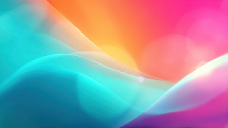 Artistic abstract summer background with vivid turquoise, orange, and pink gradients blending like light flares, enhanced by film grainの素材