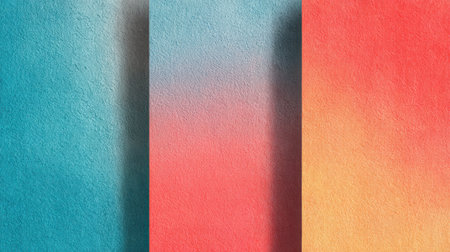 Radiant summer gradient with turquoise blue, coral orange, and light pink tones, featuring smooth blending and textured grain for trendy postersの素材