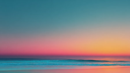Modern summer gradient backdrop blending turquoise ocean hues, orange sunset glow, and pink sky tones with cinematic grain and noiseの素材
