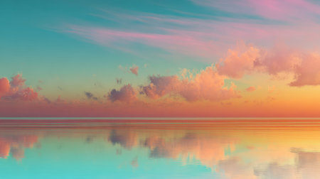 Modern summer gradient backdrop blending turquoise ocean hues, orange sunset glow, and pink sky tones with cinematic grain and noiseの素材