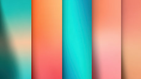 Radiant summer gradient with turquoise blue, coral orange, and light pink tones, featuring smooth blending and textured grain for trendy postersの素材