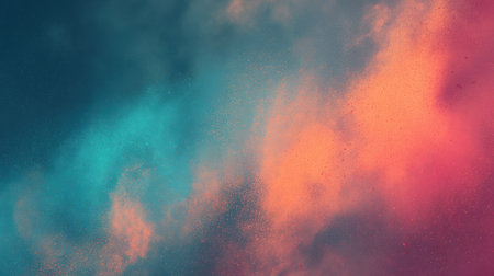 Stylish background blending turquoise, orange, and pink gradients into a glowing texture with realistic film grain and noise for poster useの素材