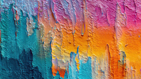 Vibrant abstract background with turquoise blue melting into tropical orange and pink tones, enhanced with fine grain and film noise textureの素材