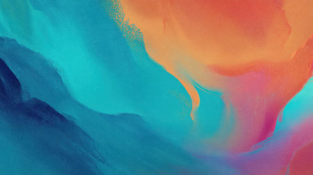 Vibrant turquoise, orange, and pink abstract texture with smooth gradient blending and artistic film grain for summer event backdropsの素材