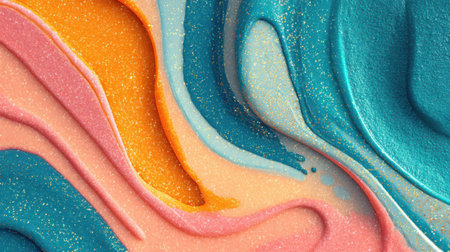 Vibrant abstract background with turquoise blue melting into tropical orange and pink tones, enhanced with fine grain and film noise textureの素材