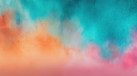 Vibrant turquoise, orange, and pink abstract texture with smooth gradient blending and artistic film grain for summer event backdropsの素材