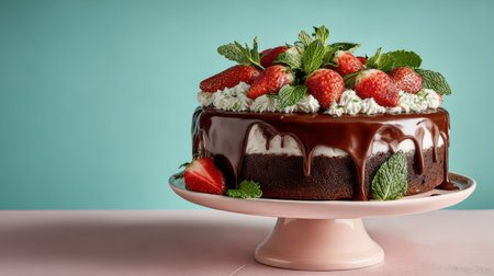 A beautifully decorated chocolate cake with strawberries and mint leaves, against a pastel background, simple and elegant presentationの素材