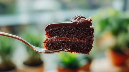 A chocolate cake slice on a fork, held up close with blurred background, simple and bright composition emphasizing deliciousnessの素材