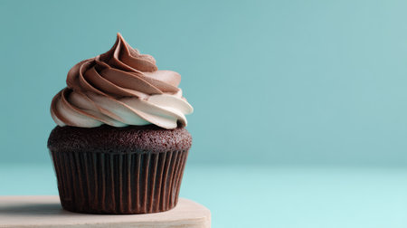 A chocolate cupcake styled like a mini cake, topped with swirl frosting, minimalist pastel background, clean modern lookの素材