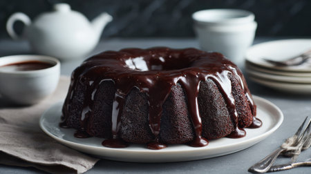 A dark chocolate cake with a shiny glaze, minimal table setting, neutral tones, mouthwatering and elegant food stylingの素材