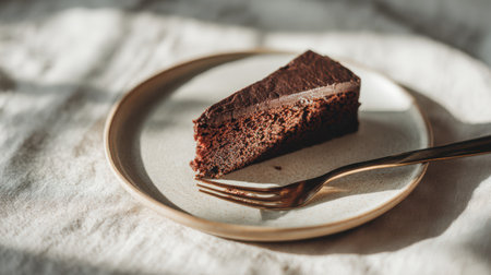 A single slice of chocolate cake on a ceramic plate with a fork, soft morning light, minimal and appetizing compositionの素材