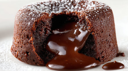 A decadent molten chocolate lava cake with melted chocolate oozing out, clean white background, macro food shotの素材