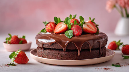 A beautifully decorated chocolate cake with strawberries and mint leaves, against a pastel background, simple and elegant presentationの素材