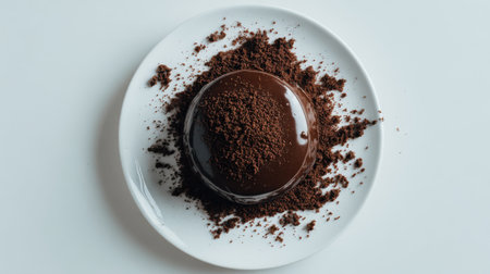 A round chocolate fudge cake with glossy icing and crumbs around the plate, minimalist food photography styleの素材