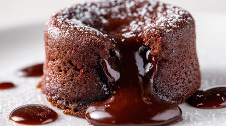 A decadent molten chocolate lava cake with melted chocolate oozing out, clean white background, macro food shotの素材