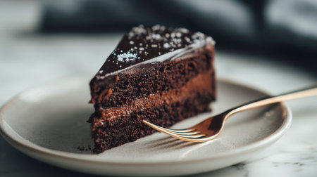 A decadent dark chocolate cake on a marble table with a fork beside it, clean lighting and simple setup, focus on texture and shineの素材