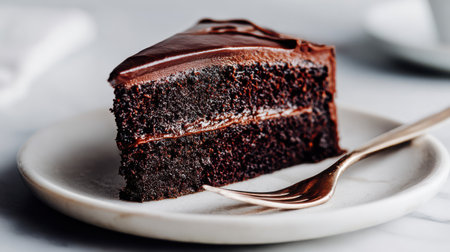 A decadent dark chocolate cake on a marble table with a fork beside it, clean lighting and simple setup, focus on texture and shineの素材