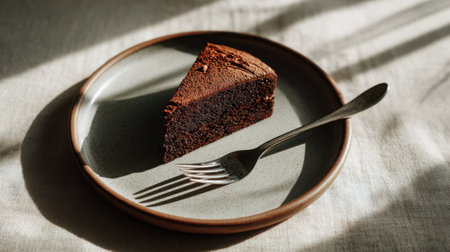 A single slice of chocolate cake on a ceramic plate with a fork, soft morning light, minimal and appetizing compositionの素材