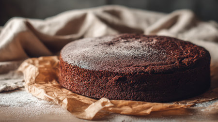 A rustic homemade chocolate cake on parchment paper, minimal background, warm and cozy feel, simple and invitingの素材