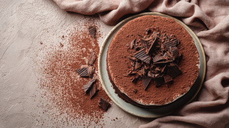 Tiramisu cake with chocolate chips and cocoa powder on light backgroundの素材