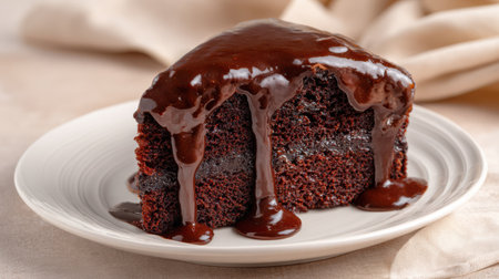 Chocolate cake with chocolate glaze on white plate, closeupの素材