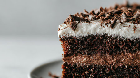 Close-up of a moist chocolate layer cake with creamy frosting and chocolate shavings on top, minimal white background, ultra-realistic food stylingの素材
