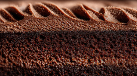 Close-up macro shot of a moist chocolate sponge texture with creamy frosting, delicious and rich detail, minimal clean backgroundの素材