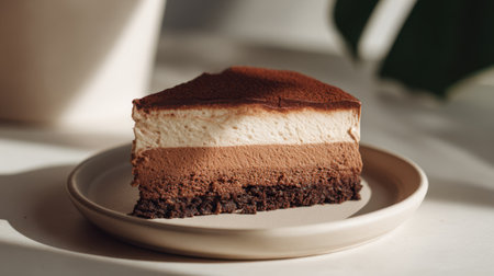 A slice of triple chocolate mousse cake showing rich layers, placed on a minimalist white surface with soft natural lightの素材